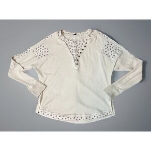 Free People MED Heart to Heart Henley Oat Patchwork Floral Thermal Oversized Top